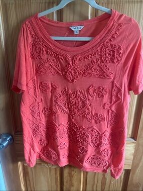 Lucky Brand Coral Embroidered Short Sleeve Tee